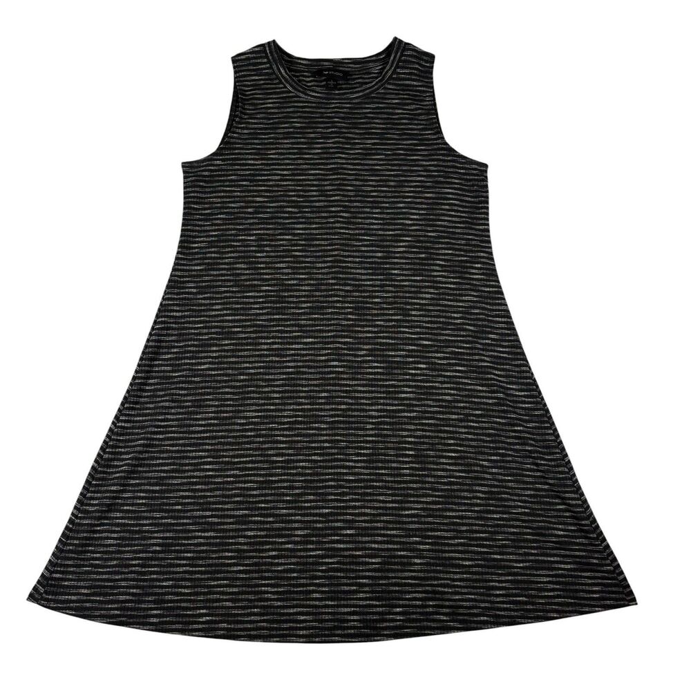 AB Studio Women’s Large Sleeveless Swing Dress Black Gray Striped Knit USA Made